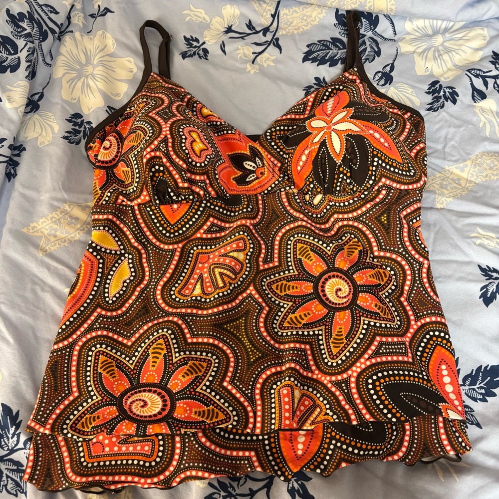Orange, brown and green floral patterned Y2K tank